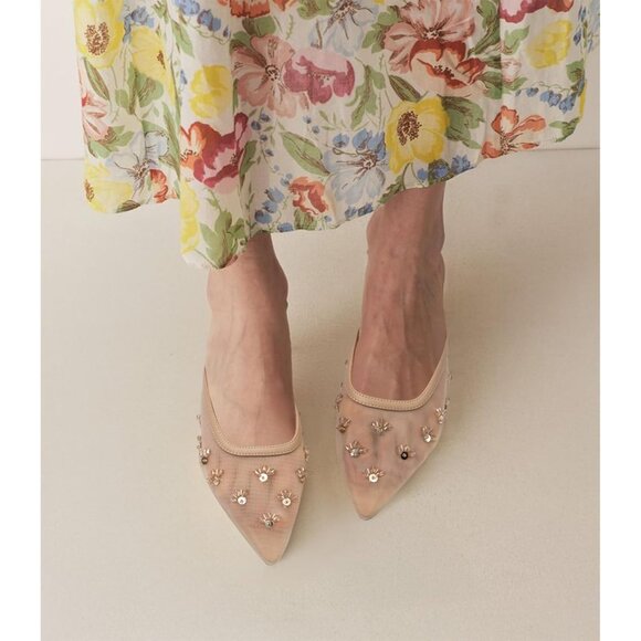 🆕Women Cream Kitten Heel Mules Flower Decor Mesh Pointed Toe Low Heel Pumps - Picture 4 of 7